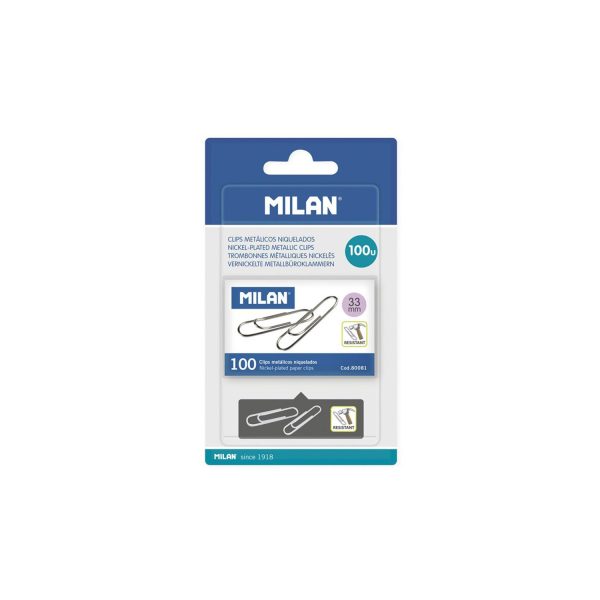 Blister 1 caja con 100 clips metalicos 33mm milan.