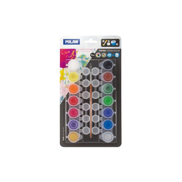 Blister con 14 botes de tempera 5ml + 12 botes de mezclas y pincel milan