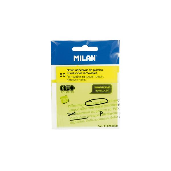 Bloc 50 notas adhesivas translúcidas amarillo fluo 76x76mm milan