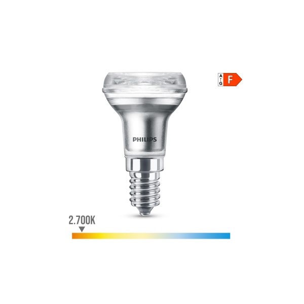 Bombilla reflectora led cla 36d 1,8w r39, 150im e14 2700k. philips