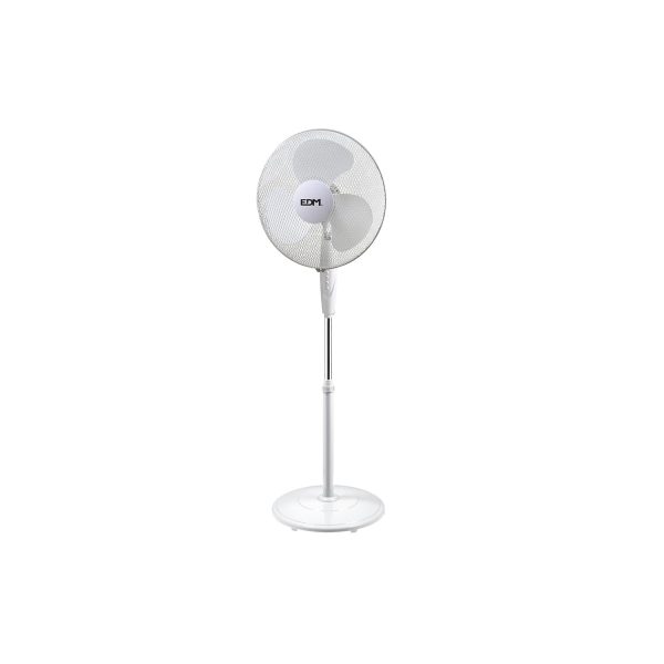 Ventilador de pie con base circular. color blanco. potencia  45w aspas  ø40cm altura regulable 110-130cm edm