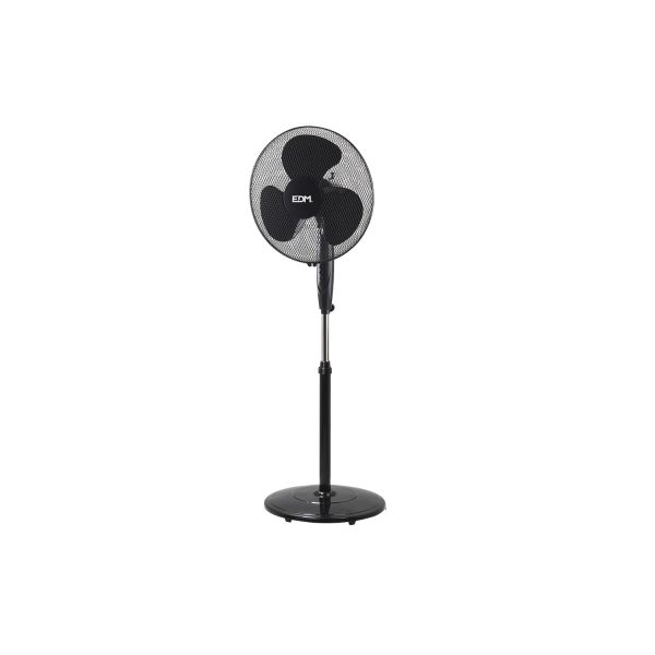 Ventilador de pie con base circular. color negro. potencia  45w aspas  ø40cm altura regulable 110-130cm edm
