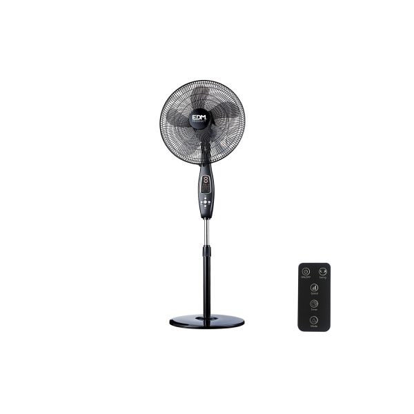 Ventilador de pie con mando a distancia. color negro. potencia  60w aspas  ø40cm altura regulable 110-130cm edm