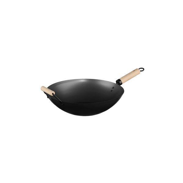Wok de acero ø35cm con mango de madera y asa.